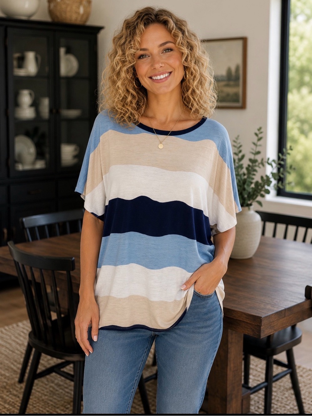 Sky Plus dolman fitted multi striped top with cinched sides